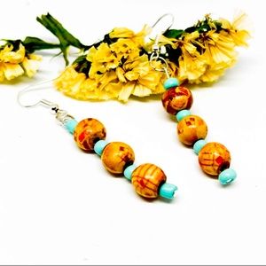 New Handmade Carved Redwood & Turquoise Beaded Dangle Earrings